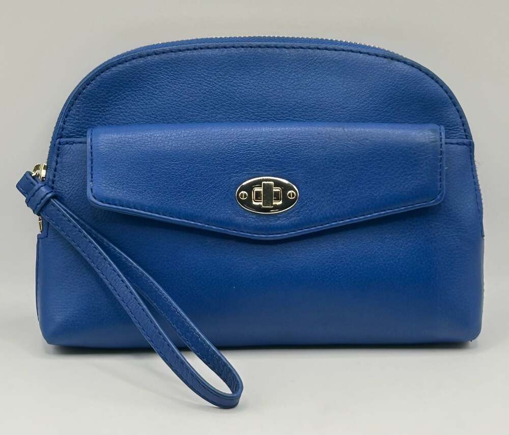Blue Leather Wristlet Clutch with Gold Tone Turnlock